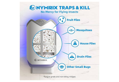 Nymrix Indoor Fly Trap, Plug-in Flying Insect Trap for Fruit Flies & Gnats 24/7 Blue Light Trap for House Flies & Mosquitoes, Works in Kitchens & Near Plants, Safe for Kids & Pets, 2 Bases + 6 Refills