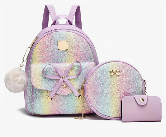 iGirls Bowknot 3-Stukke Mode Leer Rugsak Rugsakhandsak vir Vroue Rucksak vir Dames Skouersak - ( Glitzerpers )