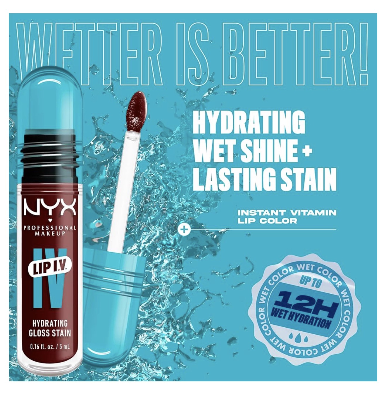 NYX PRO MAKEUP Lip IV Hydraterende Glans Lip Stain met 12H Hidrasie – Water Bout Wine (Rooi)