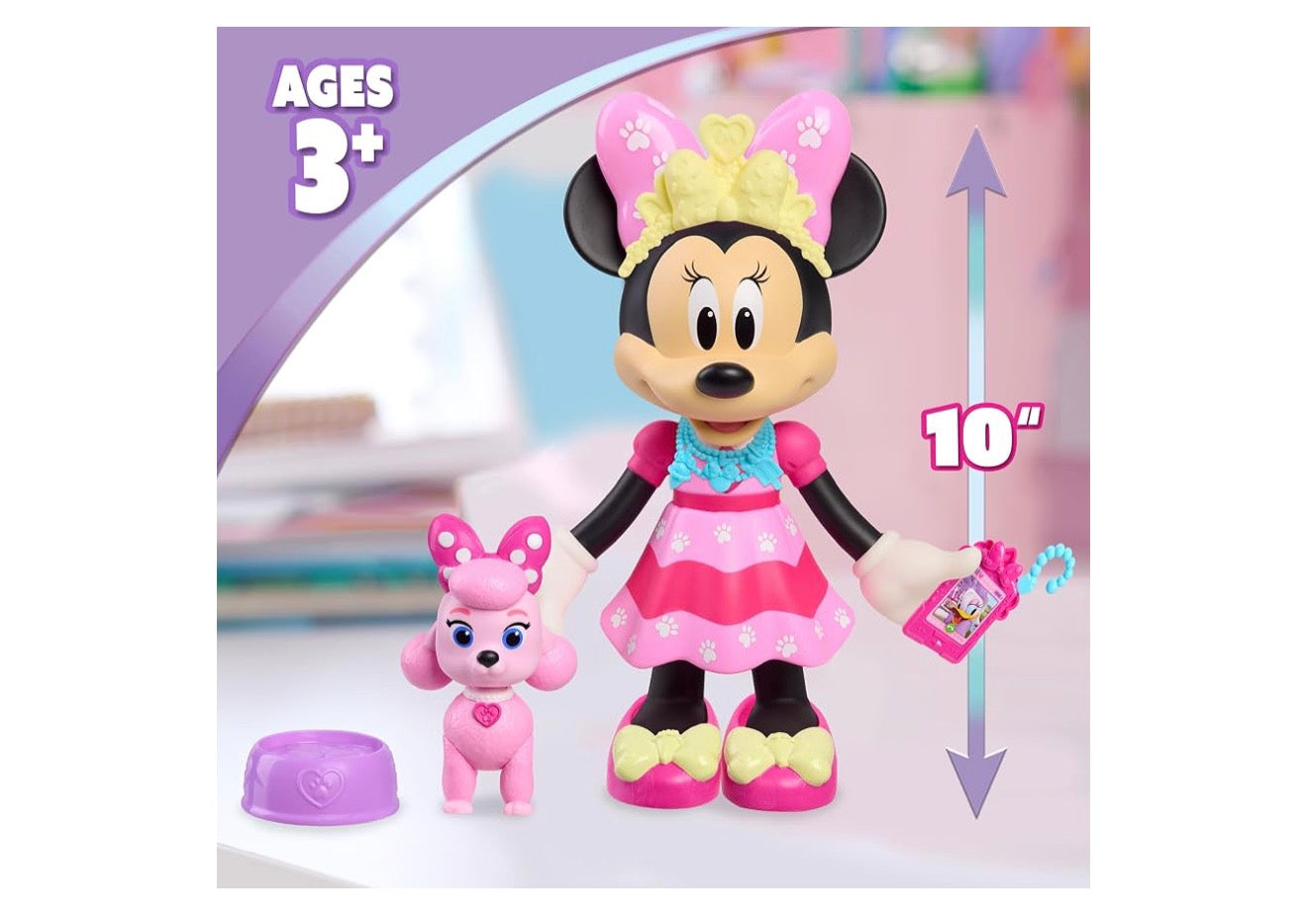 Disney Jr. Minnie Mouse Troeteldierpretpop, 25.4 cm Posisioneerbare Minnie-pop met Liggie- en Klankeffekte, Toebehore, Pienk Poedel Speelding, Geskenk vir Kinders, Ouderdomme 3 en Op+