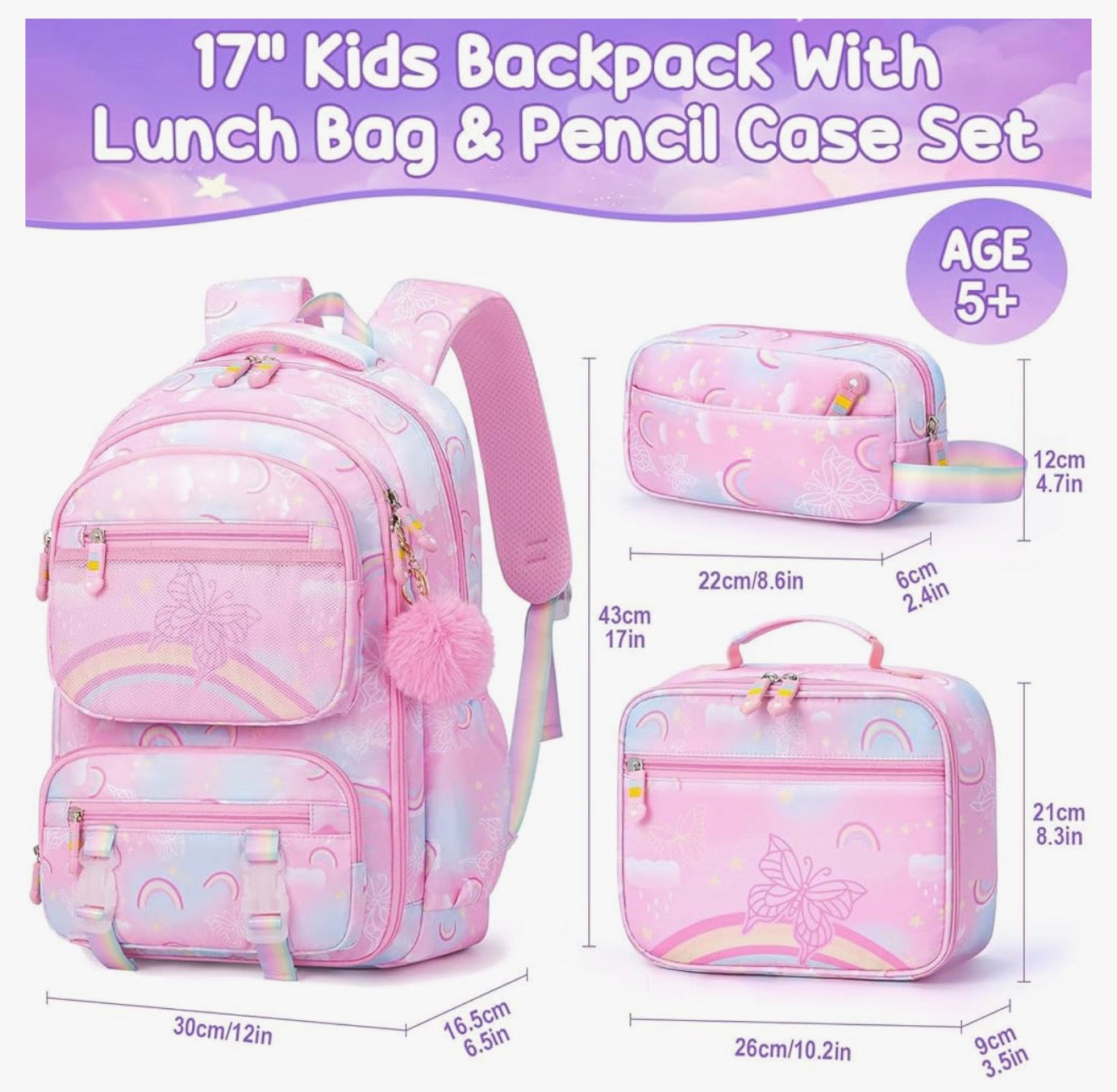 Kids Backpack - 3PCS Rainbow & Butterflies Teen Girls Backpack w/ Lunch Box & Pencil Case, Cute Pink Bookbag School Bag for Kindergarten Elementary Middle School Student Ages 5+
