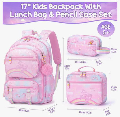Kinders se Rugsak - 3 Stuks Reënboog- en Skoenlappers-Tienermeisies-Rugsak met Kosblik en Potloodsakkie, Oulike Pienk Boekestas Skooltas vir Kleuterskool, Laerskool en Hoërskool Studente Ouderdomme 5+