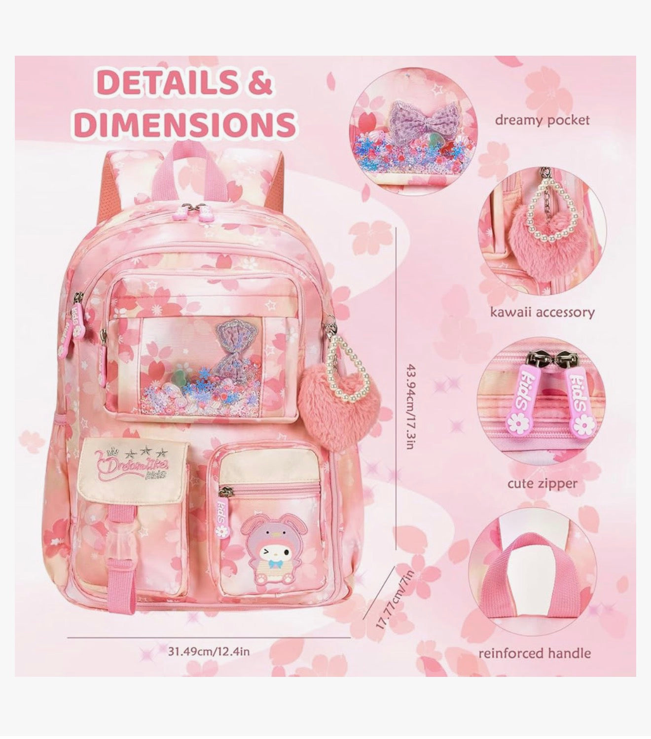 Kids Backpack 17 inches for Girls, Cartoon School Bag for Elementary Middle School Students Book Bag - (Pink)