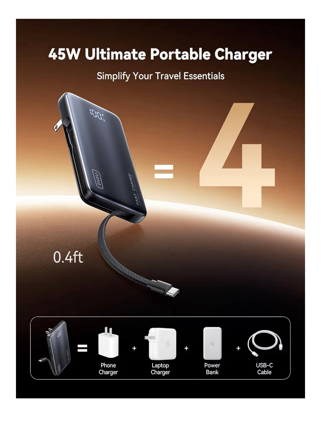 3-in-1 Portable Charger, 45W 10000mAh Fast Charging Power Bank, Built-in USB C Cable & Foldable Wall Plug, Travel Essentials