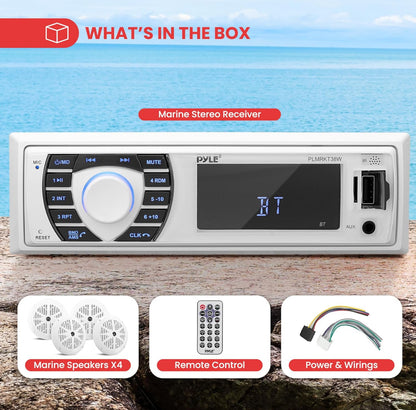 Pyle Marine Verpak - Enkel Din Radio-ontvanger Luidsprekerstel 12v Bluetooth Versoenbare Waterdigte Digitale Boot In Dash Konsolestelsel met 4 Luidsprekers