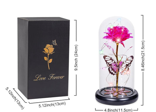 Pink - Preserved Crystal Roses in Glass Dome LED Lights w/ Butterfly
