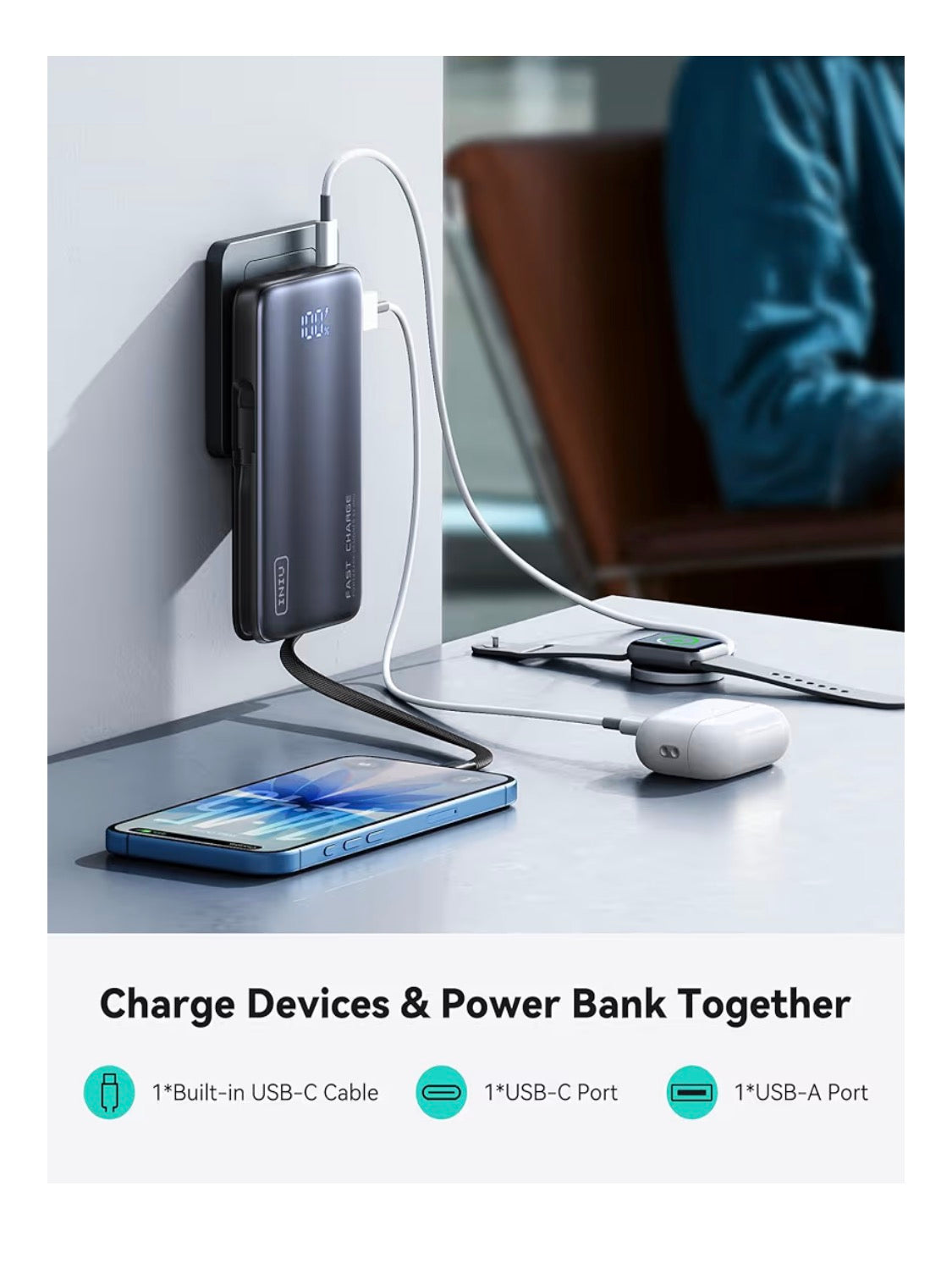 3-in-1 Portable Charger, 45W 10000mAh Fast Charging Power Bank, Built-in USB C Cable & Foldable Wall Plug, Travel Essentials