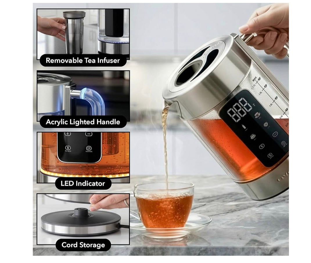 Digitale Glas Elektriese Ketel 1.7L met Kleurveranderende LED-ligte Temperatuurbeheer, Dubbelwand Koel Aanraking, 4 Voorinstellings, Hou Warm, Tee-infuser en Kookdroogbeskerming - (Silwer)