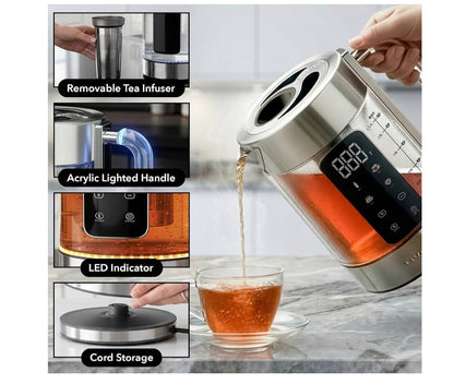 Digitale Glas Elektriese Ketel 1.7L met Kleurveranderende LED-ligte Temperatuurbeheer, Dubbelwand Koel Aanraking, 4 Voorinstellings, Hou Warm, Tee-infuser en Kookdroogbeskerming - (Silwer)