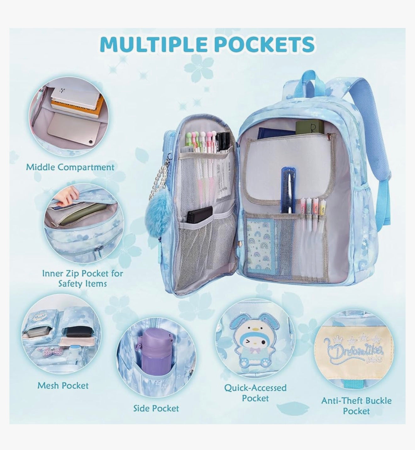 Kindersstelle Rugsak 17" vir Meisies, Spotprent Skooltas vir Laerskool Middelbare Skool Studente Boektas met Kosblik & Potloodsakkie - (Blou)
