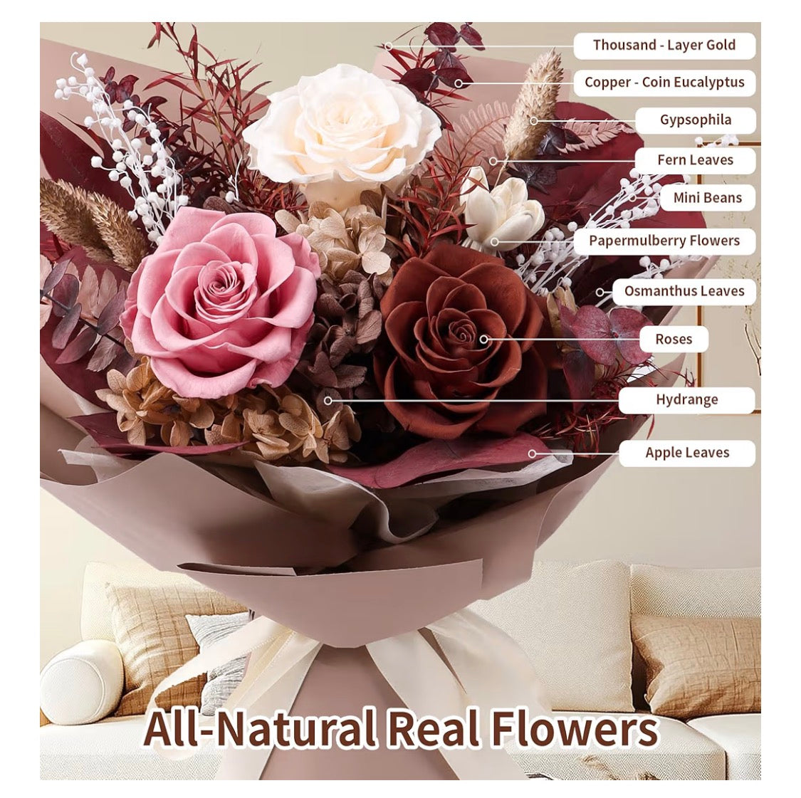 Preserved Flowers Bouquet, Real Eternal Flowers, Gifts - Special Occasion - Caramel