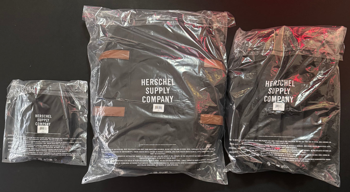Herschel Supply Co. 3-Piece Travel Set: Backpack, Duffel Bag & Toiletry Kit - Black / Tan Straps NEW