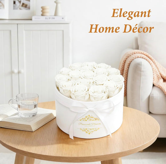 Forever Preserved (17) Roses Flowers in a Luxury Suede Box, Birthday Gifts,  Anniversary Valentines Day Gifts (White)