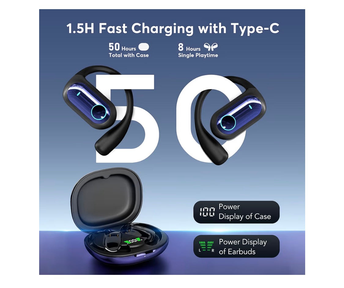 Open-Ear 4-in-1 Smart Mode Bluetooth 5.4 Touch Screen Earphones Real-Time Headphones - 168 Languages AI Live Translation (L. Blue)