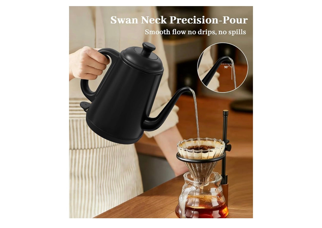 Elektriese Ketel 1L, 1000W Vinnige Kook vir Oorgiet Koffie & Tee, Vlekvrye Staal BPA-vry, Presiese Vloeispuit, Outomatiese Afskakeling & Droogkookbeskerming - (Swart)