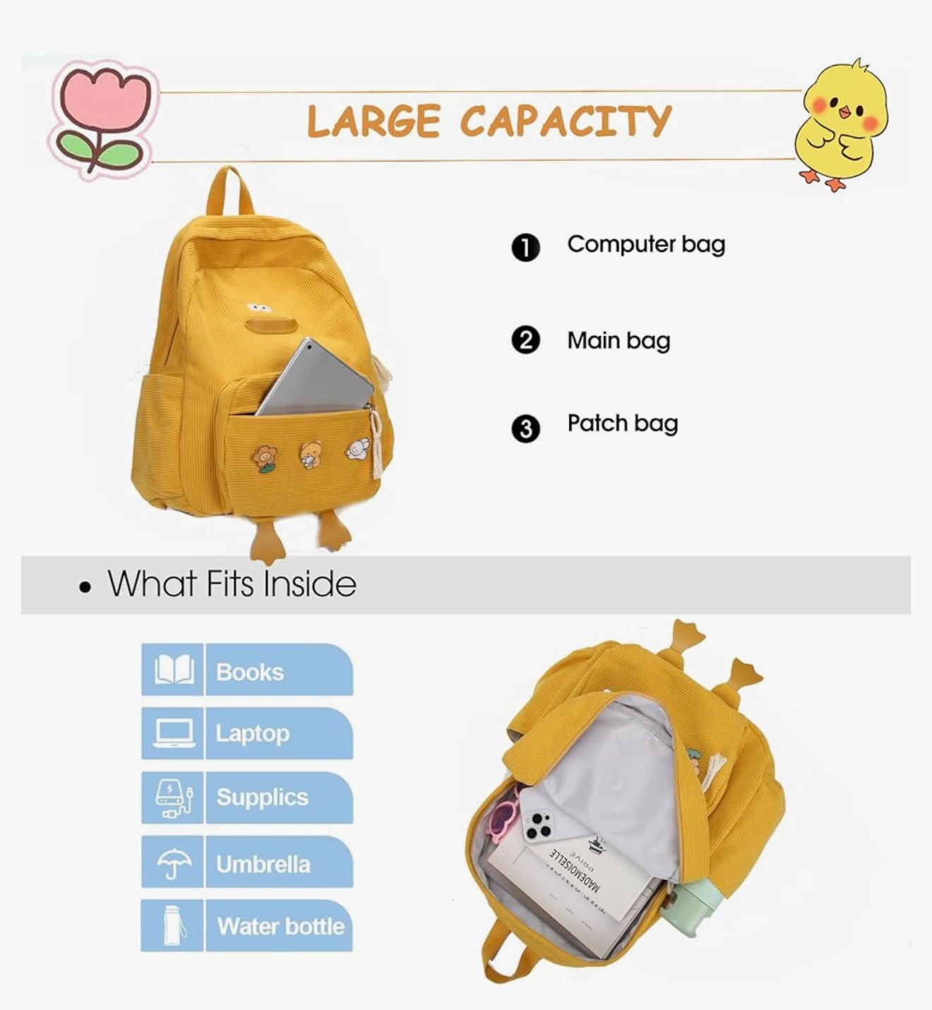 Oulike Eend Rugsak vir Tienermeisies Vroue, Kawaii Snaaks Estetiese Korduroy Boeksak vir Hoër Middel Skool - (Geel)