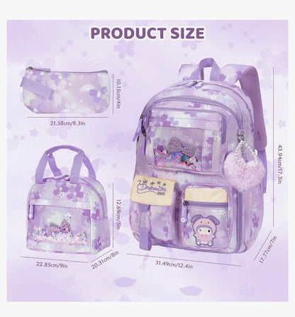 Kinderstelle Rugsak 17" vir Meisies, Spotprent Skooltas vir Laerskool Middelbare Skool Studente Boekentas met Kosblik & Potloodsakkie - (Pers)