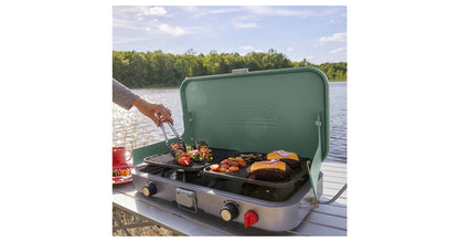 Coleman 3-in-1 Buitenkampeerstoof, Draagbare Kookplaat met Ingesluit Gietyster Braai- en Roosteraanhegtings, 24 000 BTU's Krag vir Kampering, Agterklepbraai, Braai