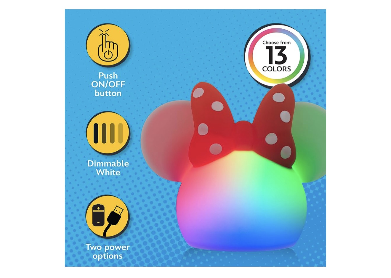 Minnie Mouse Squishy Color Changing, Night Light for Kids, USB Lamp, Battery Operated, Dimmable