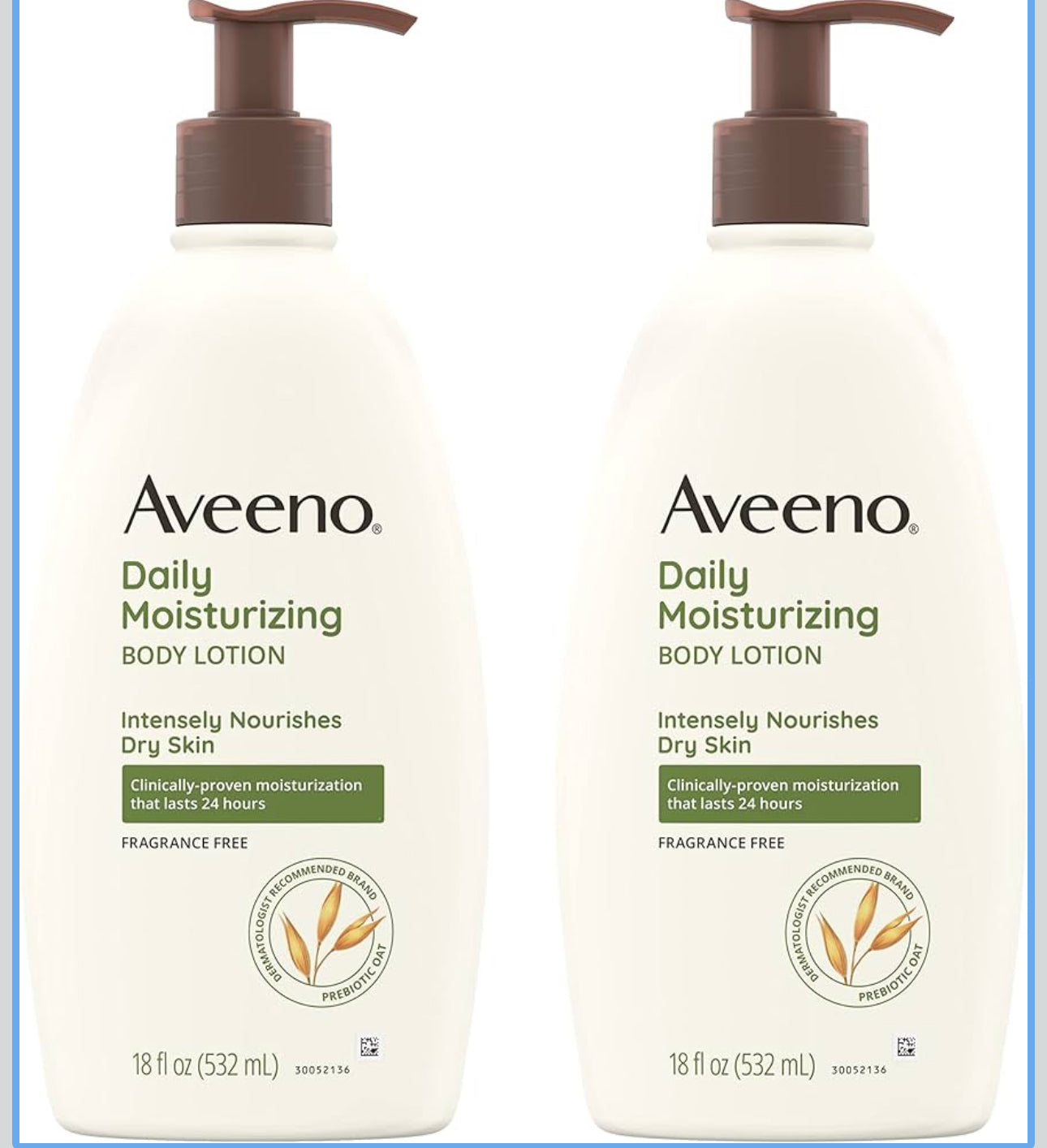 Aveeno Daily Moisturizing Body Lotion with Soothing Prebiotic Oat, Gentle Lotion Nourishes Dry Skin With Moisture, Paraben-, Dye- & Fragrance-Free, Non-Greasy & Non-Comedogenic, 18 oz (2 Pack)