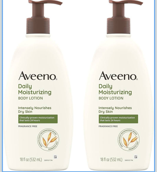 Aveeno Daily Moisturizing Body Lotion with Soothing Prebiotic Oat, Gentle Lotion Nourishes Dry Skin With Moisture, Paraben-, Dye- & Fragrance-Free, Non-Greasy & Non-Comedogenic, 18 oz (2 Pack)