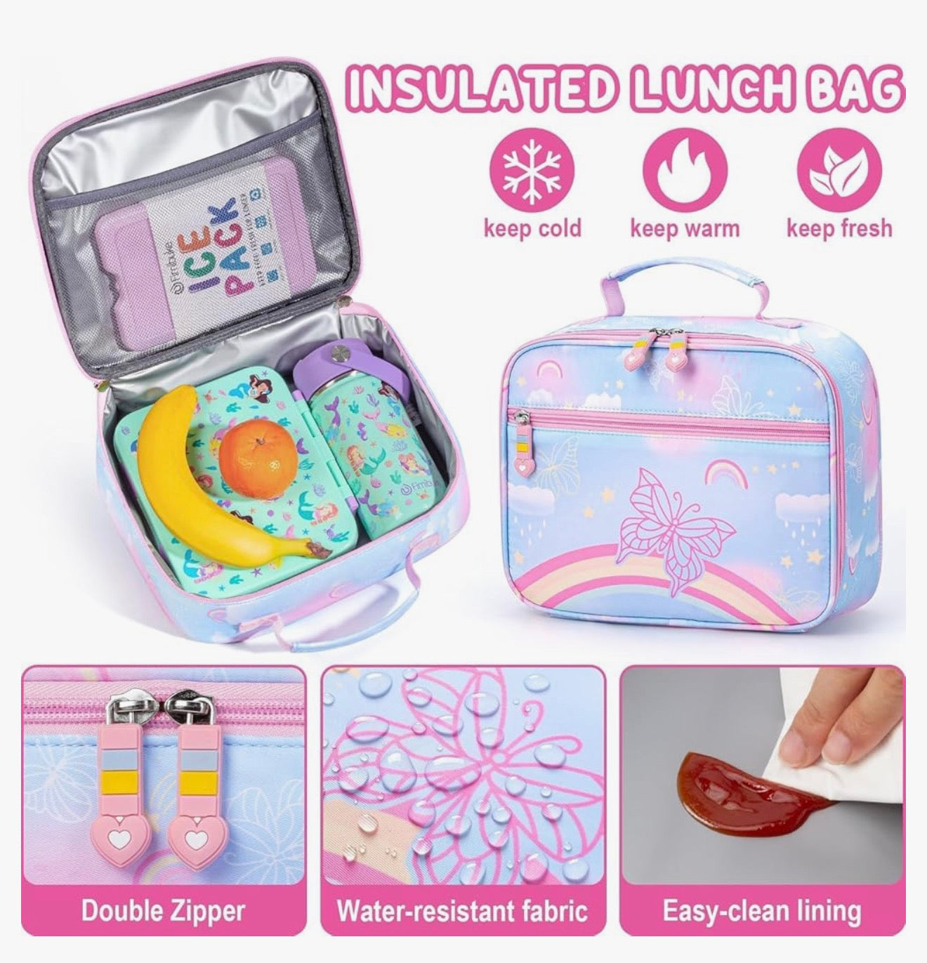 Kids Backpack - 3PCS Rainbow & Butterflies Teen Girls Backpack w/ Lunch Box & Pencil Case, Cute Pink Bookbag School Bag for Kindergarten Elementary Middle School Student Ages 5+