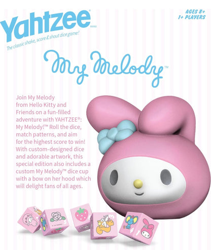Yahtzee: My Melody Dobbelsteen Speletjie, Versamelbare Hello Kitty & Vriende Dobbelsteenkoppie Met Lieflike Kuns