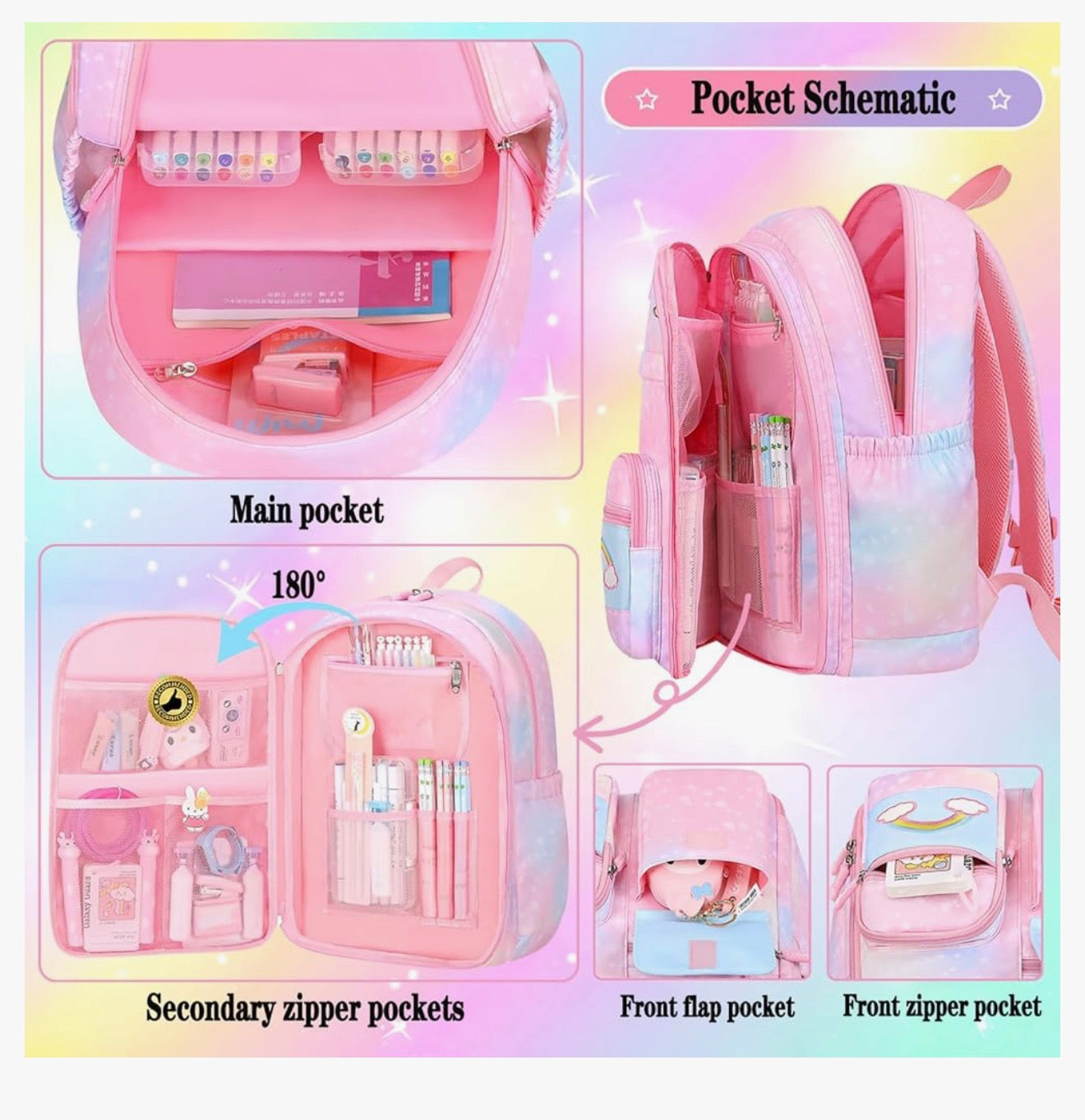 Rainbow Backpack For Girls Kids, Cute Student School Backpack With Pen Bag, Laptop Travel Bag (Blue)