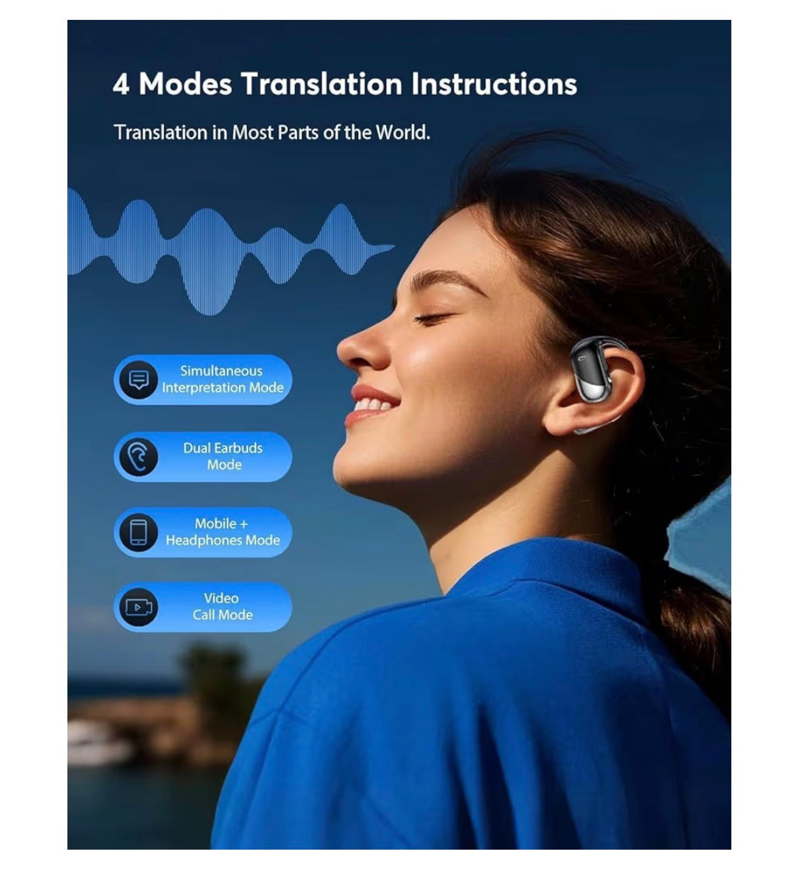 Open-Ear headphones LCD Touch,Bluetooth,Real-Time AI Translator Earbuds (188)Languages -D. Black