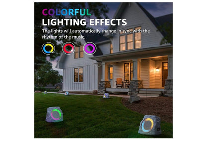 Stelle Rotsluidsprekers Buite Waterdig met RGB-kleurligte Multi-Sinkronisering Tot 100 Luidsprekers, Outomatiese Koppeling, Sonkrag-aangedrewe en USB-laai - (Grys)
