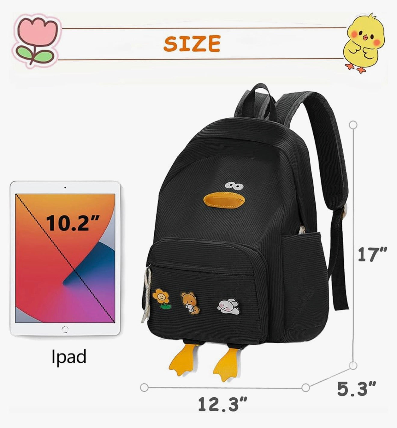 Oulike Eend Rugsak vir Tienermeisies Vroue, Kawaii Snaakse Estetiese Koordfluweel Boeksak vir Hoër Middel Skool - (Swart)