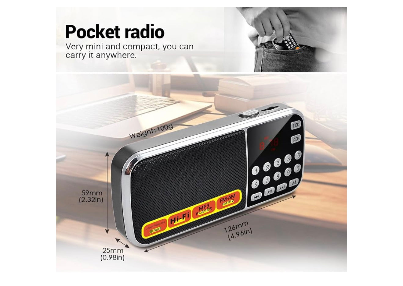 Klein Draagbare AM FM Radio's, Groot Kapasiteit Herlaaibare Battery-aangedrewe Radio, TF Kaart Mikro SD Kaart USB-gleuf MP3 Afspeel, Digitale Knoppies, Uitstekende Ontvangs en Klankgehalte