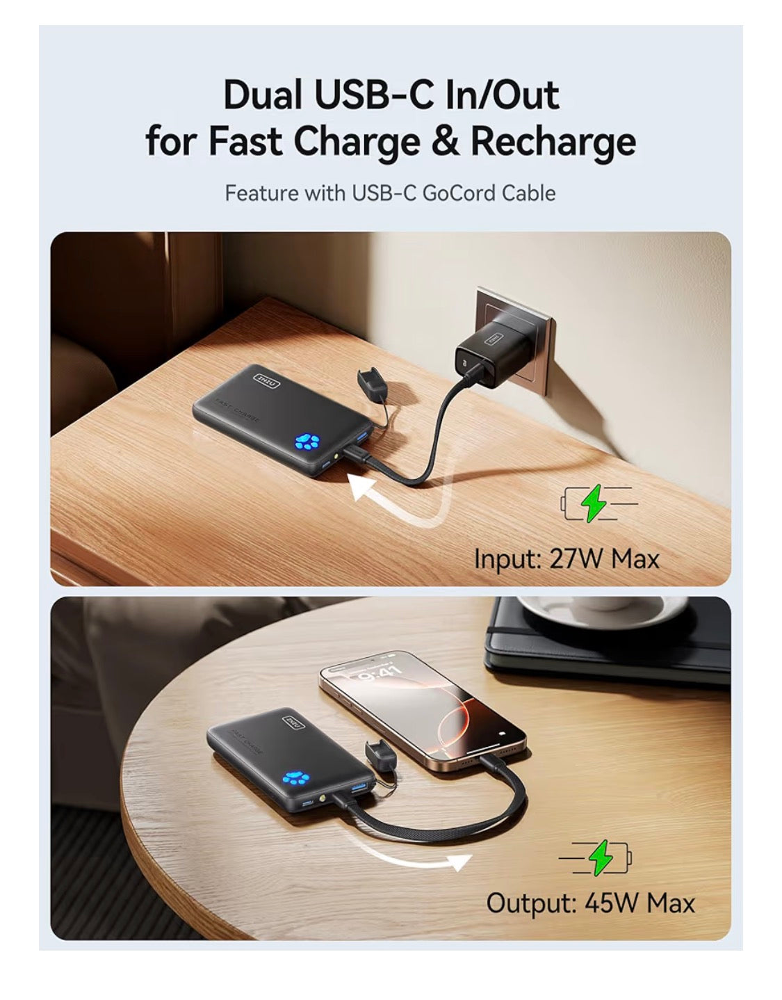 Portable Charger, Ultra Slim 10000mAh 45W PD Power Bank, USB-C Fast Charging Mini Battery Pack - Blue