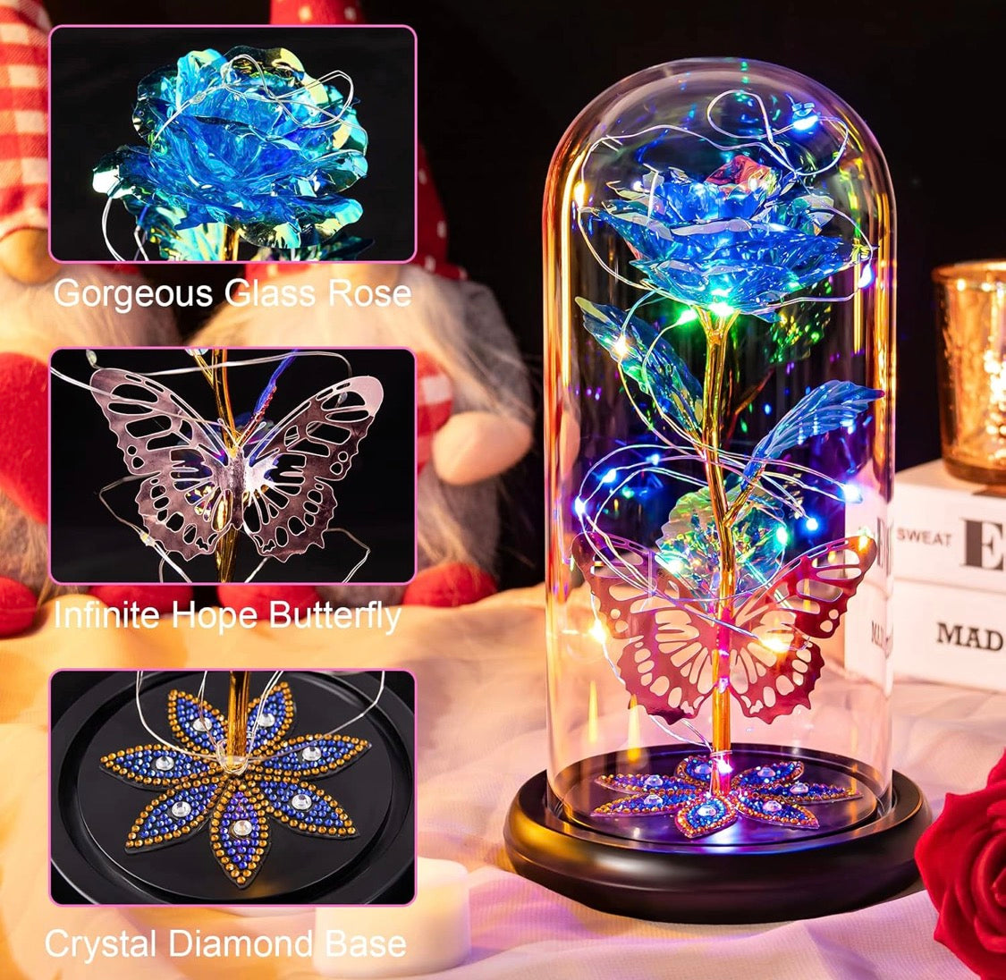Preserved Crystal Roses in Glass Dome LED Lights w/ Butterfly - (Blue)