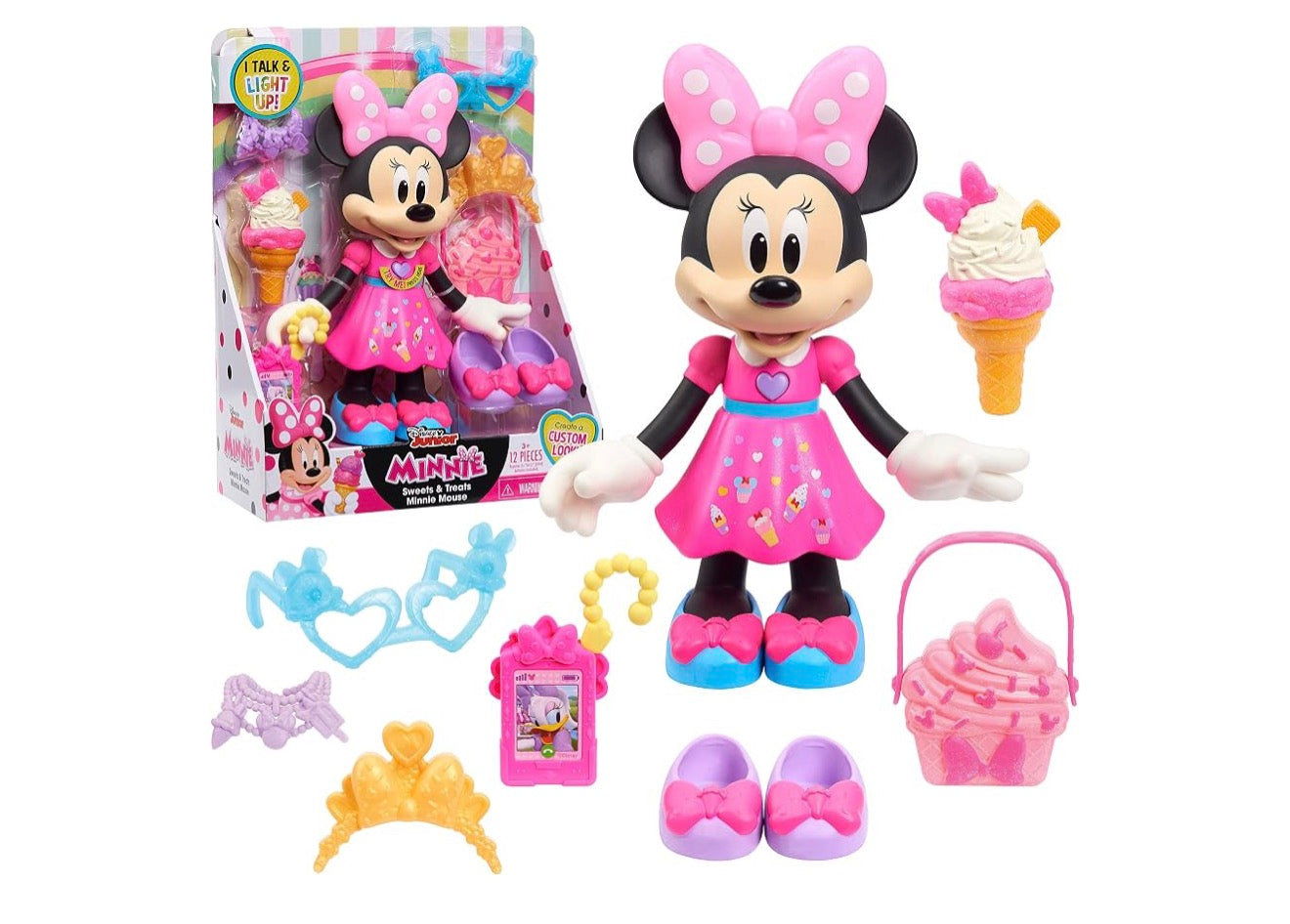 Disney Junior Lekkers & Bedere Minnie Muis, Interaktiewe 25cm Pop met Liggie, Klanke en Bykomstighede, Kinderspeelgoed vir Ouderdom 3 en Ouer +