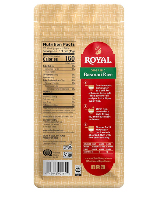 Royal White Basmati Rice - Organiese Langgraan Basmati-rys - 2lb (4PK)