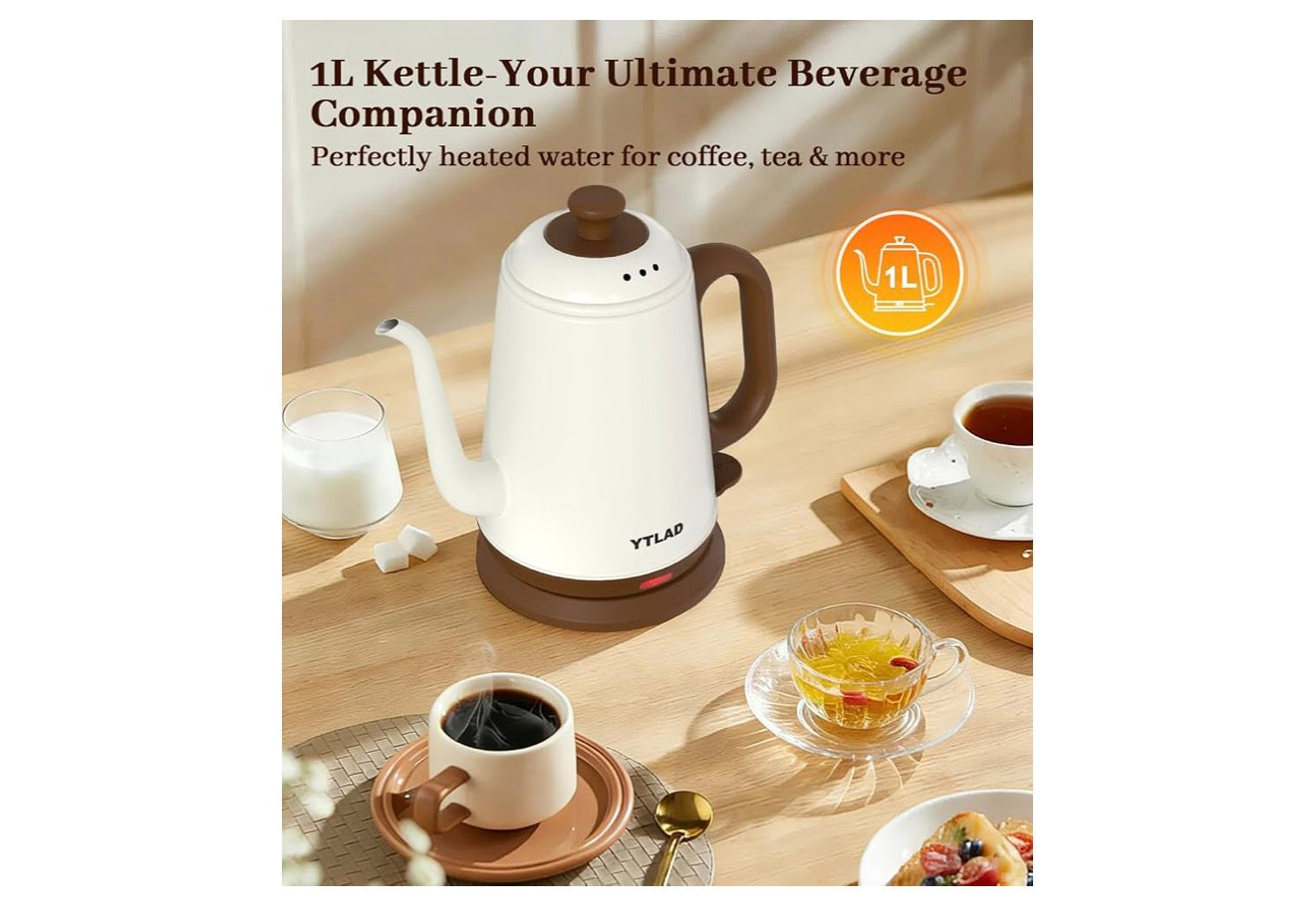 Elektriese Ketel 1L, 1000W Vinnige Kook vir Oorgietkoffie & Tee, Vlekvrye Staal BPA-vry, Presiese Vloeituit, Outo-afskakeling & Droogkookbeskerming Retrostyl (Wit)