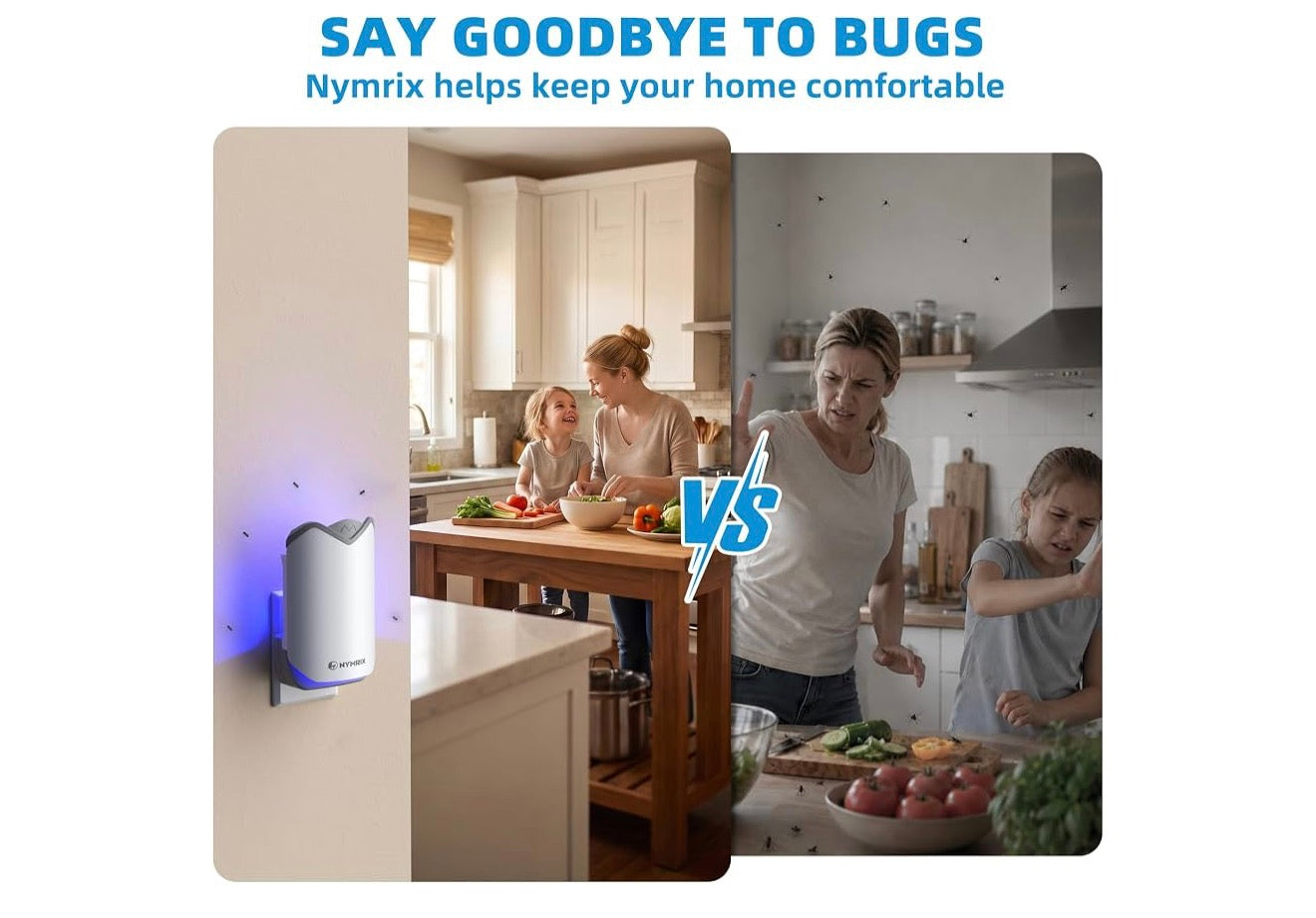 Nymrix Flying Insect Trap, Plug-in Indoor Fly Trap for Fruit Flies & Gnats
24/7 Blue Light Trap for House Flies & Mosquitoes, Works in Kitchens & Near Plants, Safe for Kids & Pets, 1 Base + 2 Refills