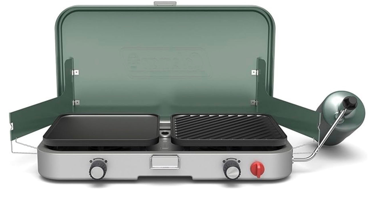 Coleman 3-in-1 Buitenkampeerstoof, Draagbare Kookplaat met Ingesluit Gietyster Braai- en Roosteraanhegtings, 24 000 BTU's Krag vir Kampering, Agterklepbraai, Braai
