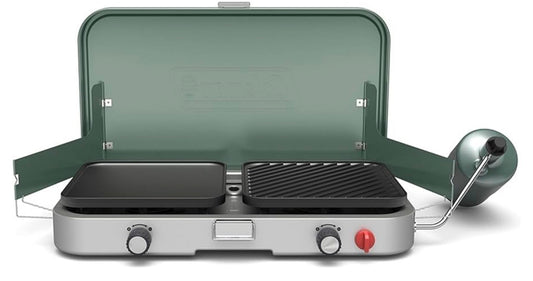 Coleman 3-in-1 Buitenkampeerstoof, Draagbare Kookplaat met Ingesluit Gietyster Braai- en Roosteraanhegtings, 24 000 BTU's Krag vir Kampering, Agterklepbraai, Braai