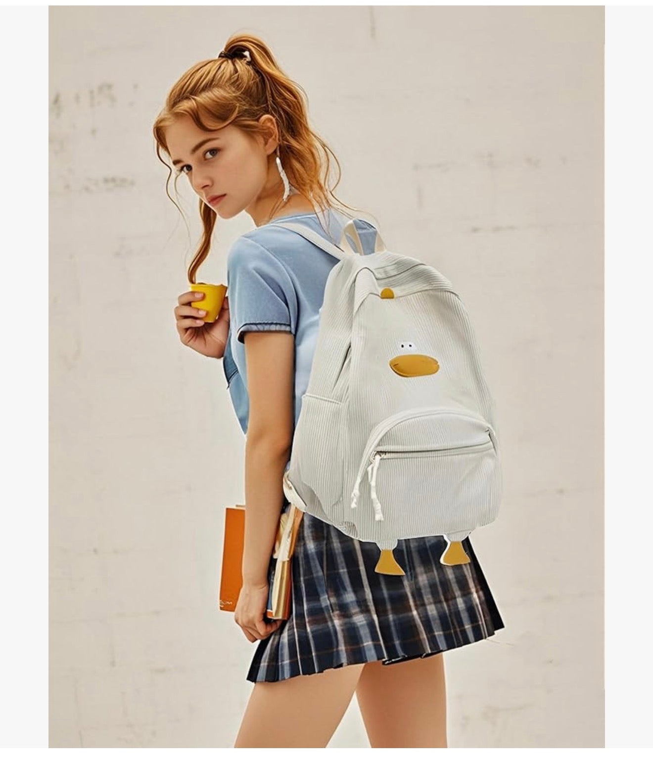 Oulike Eend Rugsak vir Tienermeisies Vroue, Kawaii Snaakse Estetiese Koordfluweel Boeksak vir Hoër Middel Skool - (Wit)