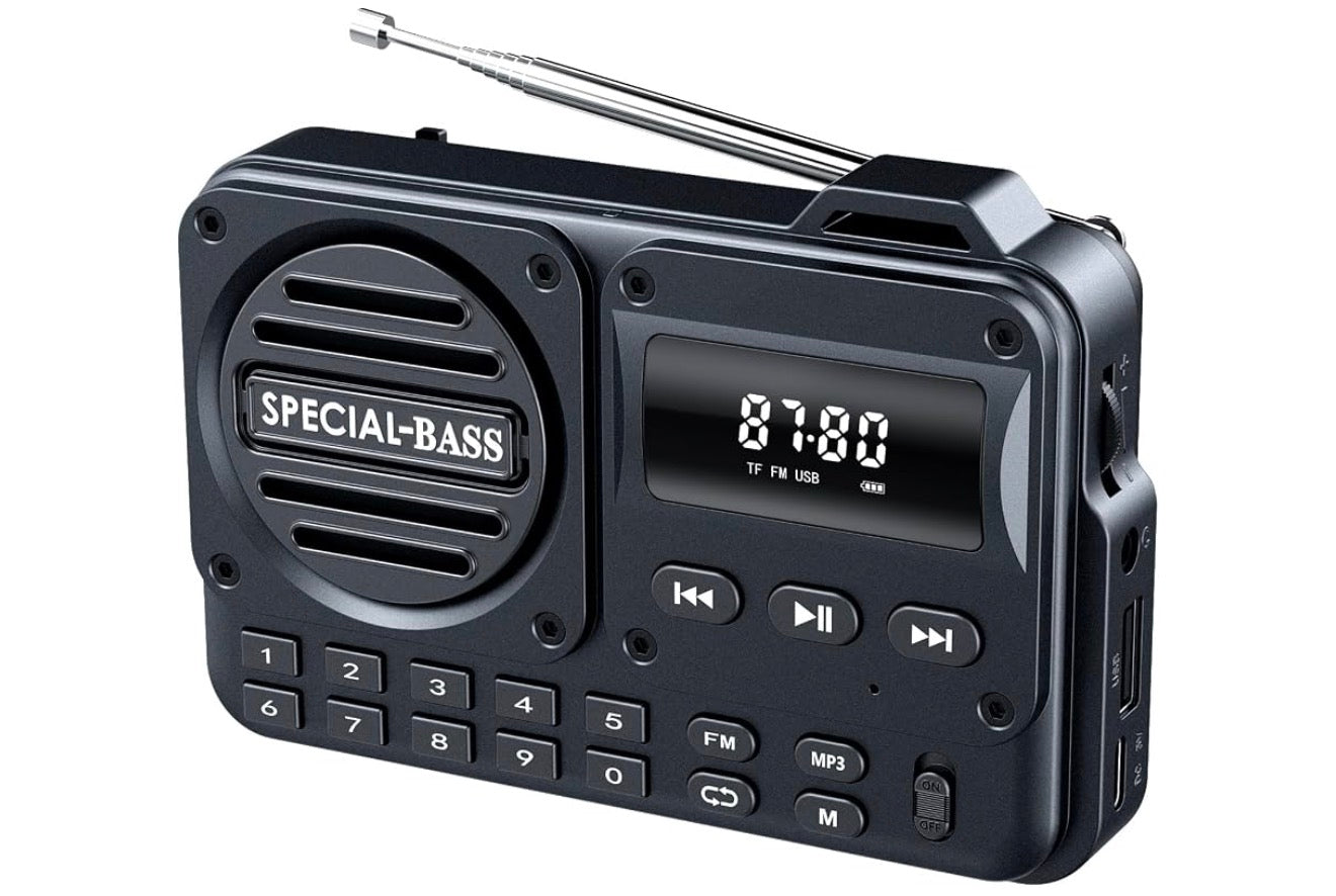 Sakradio FM USB-C Laai 2000mAh Herlaaibaar Uitstekende Ontvangs Duidelike Luidspreker en Oorfoneaansluiting, LCD-skerm, FM-radio vir Stap/Draf/Gim, Bluetooth/TF.(GEEN AM) - (Koolstof)