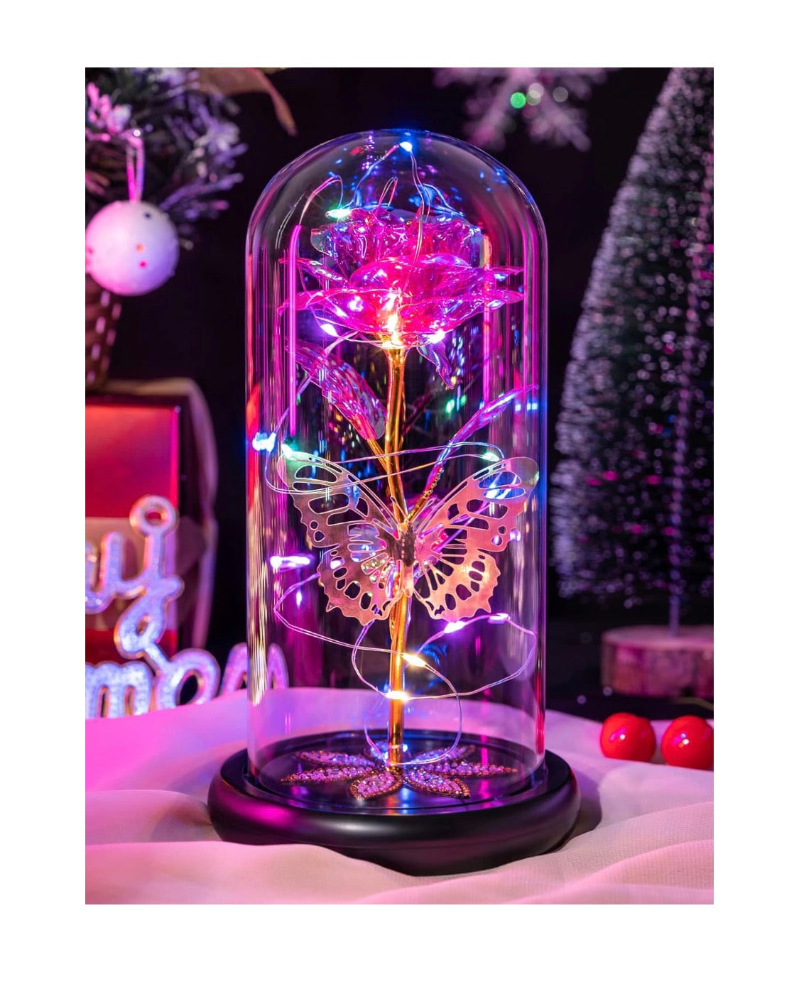 Red - Preserved Crystal Roses in Glass Dome LED Lights w/ Butterfly