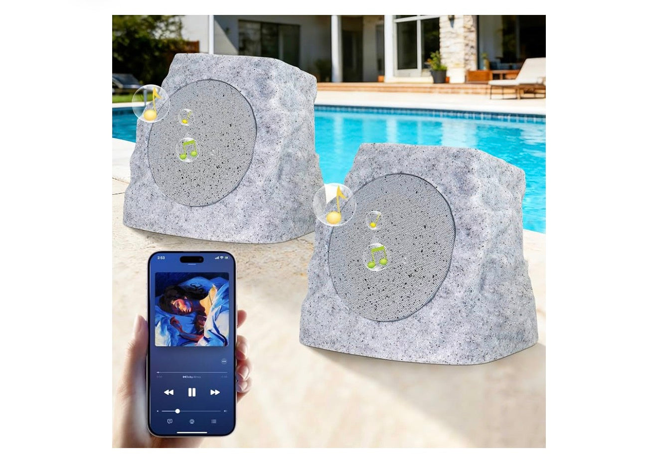 Stelle Rotsluidsprekers Buite Waterdig met RGB-kleurligte Multi-Sinkronisering Tot 100 Luidsprekers, Outomatiese Koppeling, Sonkrag-aangedrewe en USB-laai - (Grys)