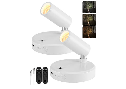 Kolligte Binnenshuis, 5500mAh Herlaaibare Skilderyligte met Afstandbeheer, Draadlose Mini-Kunskolligte met Tyder & Verstelbare Opwaartse Lig Binnenshuis vir Plante, Uitstalling (2pk - Wit)