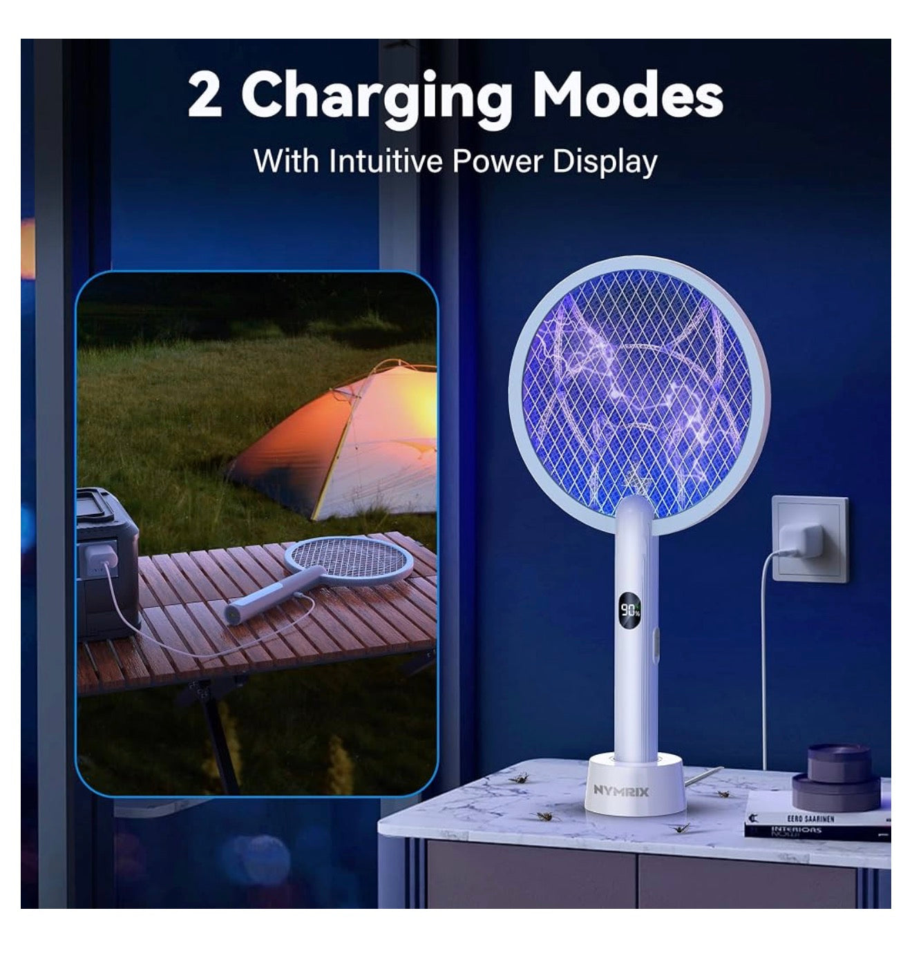 Nymrix Electric Fly Swatter 4100V Dual Mode Bug Zapper Racket（Blue,1-Pack）
Mosquito Killer with 1800 mAh Rechargeable Battery, Purple Light, Usb-C charging and 3-Layer Safety Mesh for Indoor & Outdoor