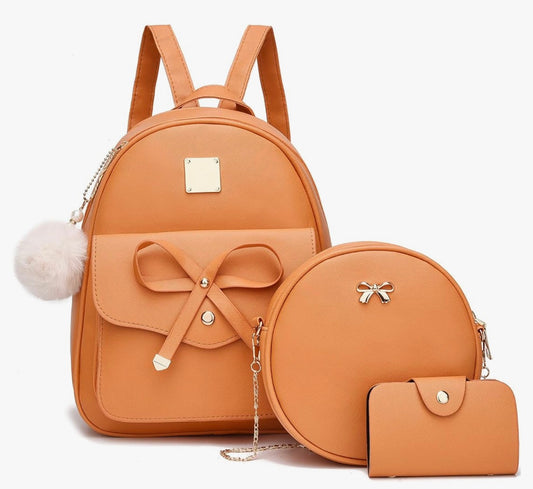 iGirls Bowknot 3-Stukke Mode Leer Rugsak Rugsakhandsak vir Vroue Ruksak vir Dames Skouersak - (Oranje)