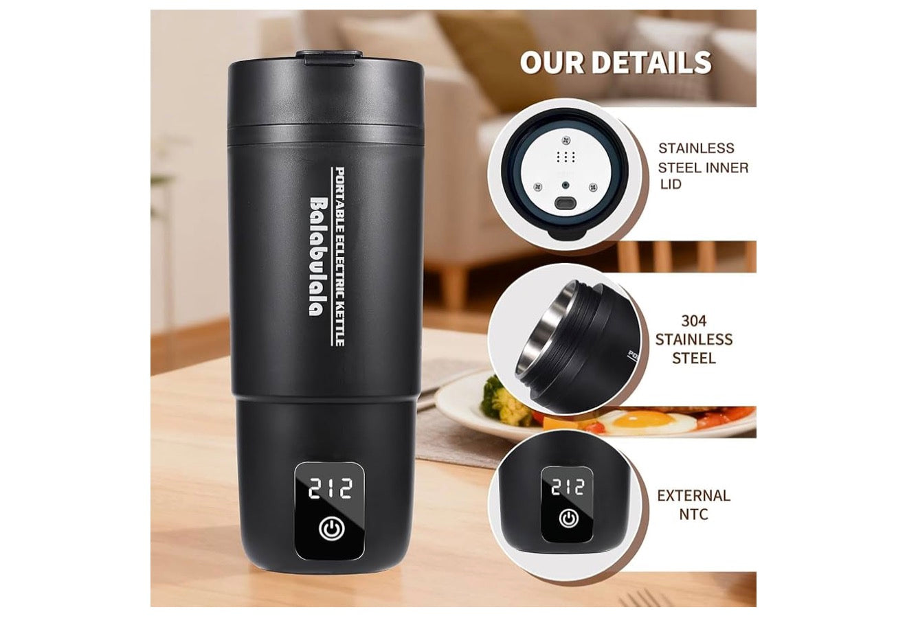 Reis-elektriese ketel, draagbare waterverwarmer met 6 veranderlike voorafinstellings, klein met silikoonbasisbedekking 414ml - (Swart)
