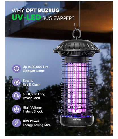 LED Insekdoder Binne Buite, Tot 50 000 Uur Lewensduur Lamp, Energiebesparend & Dubbelband Aantrekking, 1.7 m Kragkoord, Hoëspanning Muskietvlieg Doder Val - (Nuut Swart)