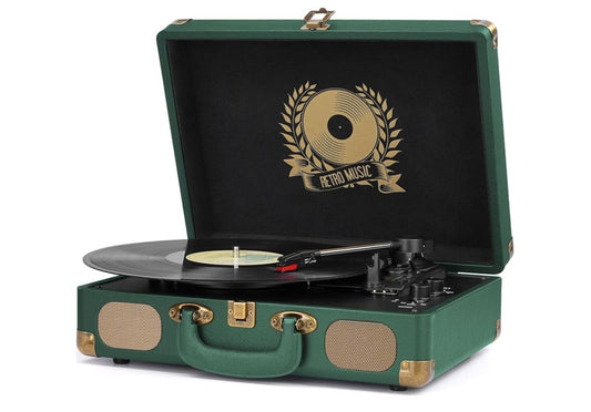 Viniel Plate Speler Bluetooth Draaitafel 3-Spoed Tas Draagbare Vintage Band-gedrewe Plate Speler met Ingeboude Luidsprekers RCA Lynuit AUX - (Donker Jagtergroen)